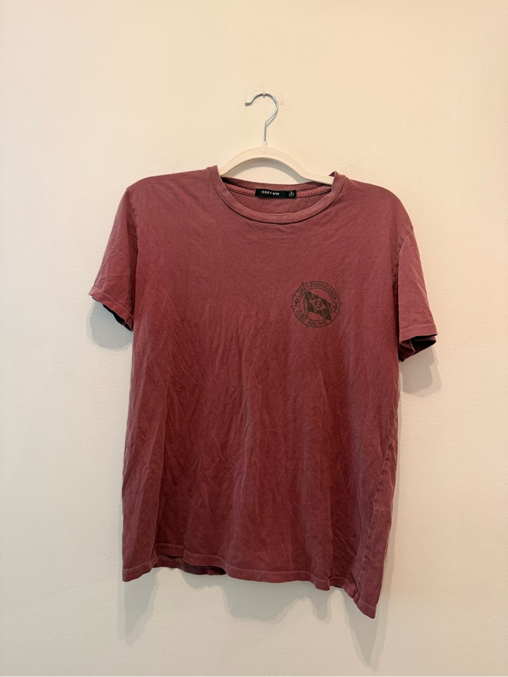 Obey Women’s Short Sleeve Crewneck Tee in Mauve with Left-Chest Emblem